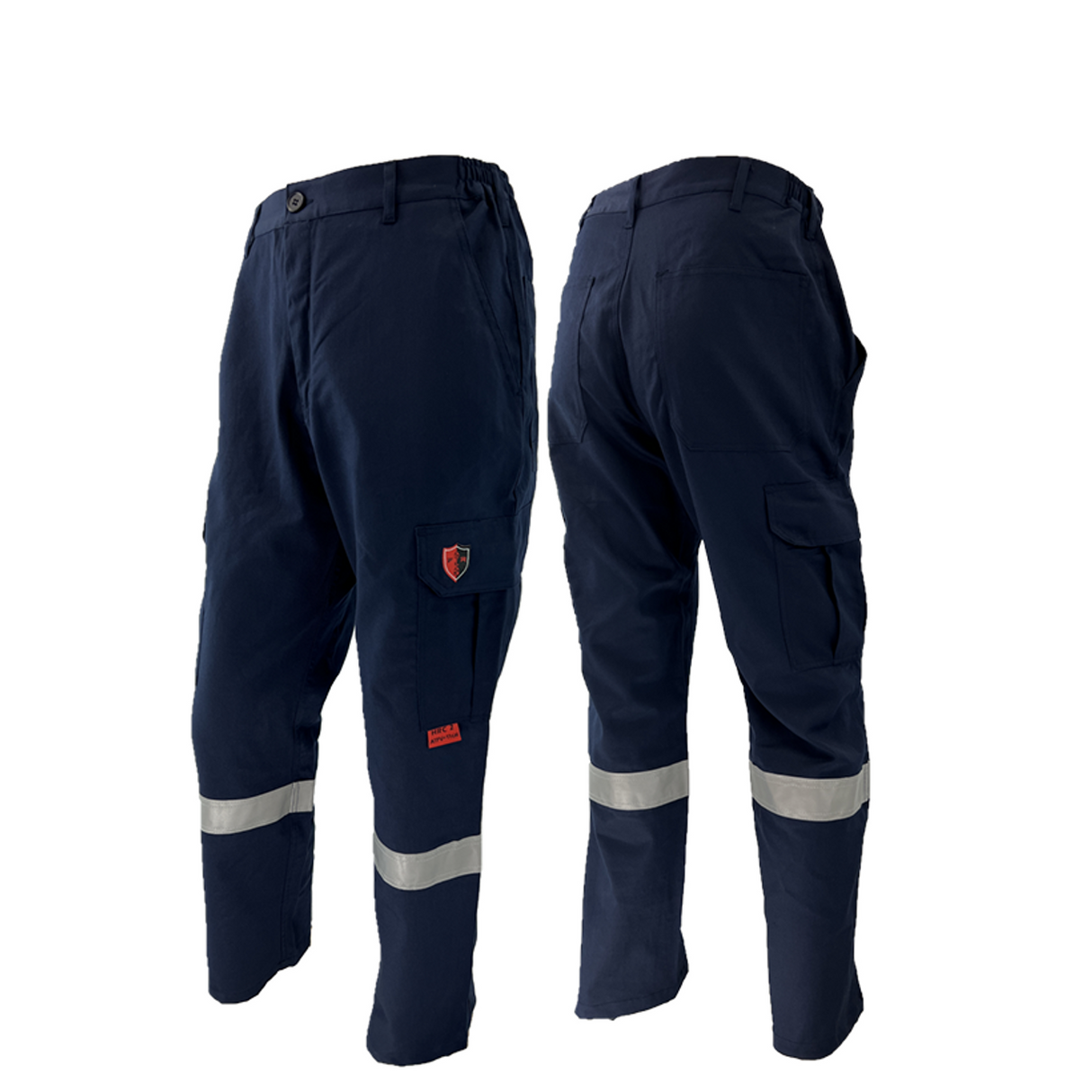 Navy cargo pants with reflective silver striping on the legs, featuring a belt loop, pockets, and a button zipper waist.