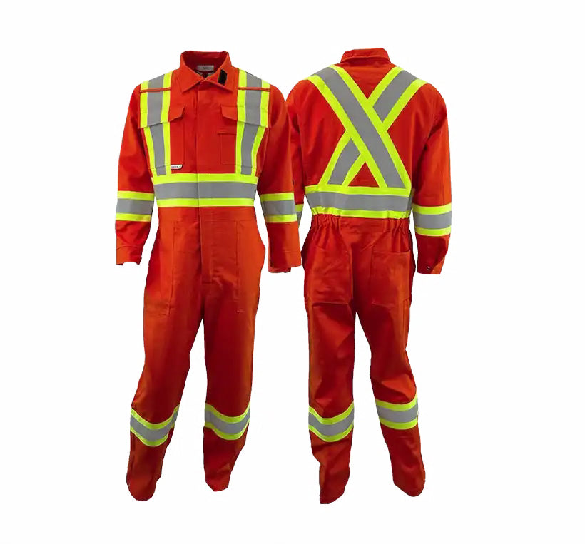 Front and back view of orange coveralls with reflective yellow stripes, showing multiple pockets and the branding of Atlas Workwear.