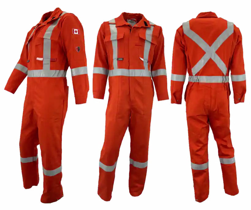 A set of three images displaying the front, back, and side views of an Atlas Workwear coverall with yellow reflective stripes. The coverall has multiple pockets and zipper closures.