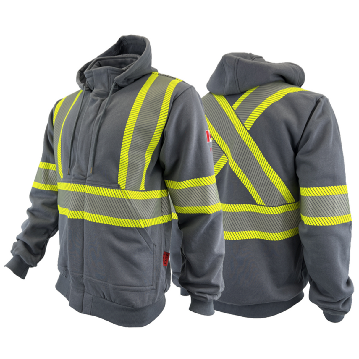 A grey hoodie with bright yellow and Silver segmented reflective stripes, a full zipper, and a hood by Atlas Workwear Style 402