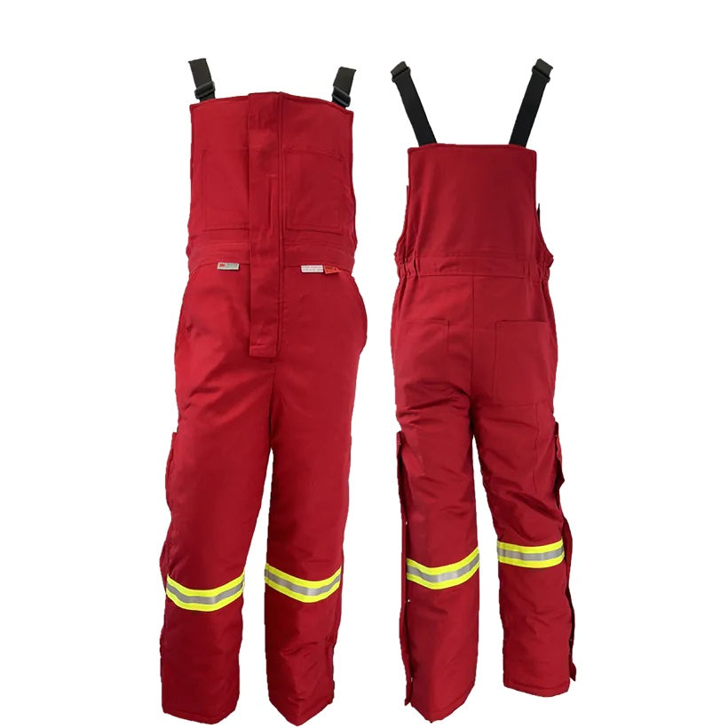 ARC FR winter bib overalls with reflective yellow stripes on the legs, featuring heavy-duty zippers and adjustable straps by Atlas Workwear Style 2192