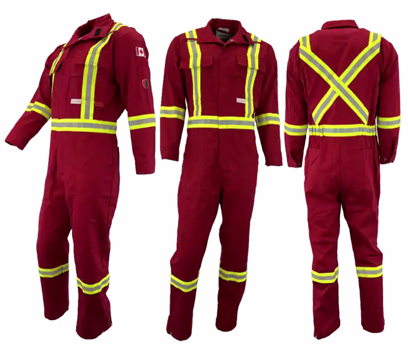 A set of three images displaying the front, back, and side views of an Atlas Workwear coverall with yellow reflective stripes. The coverall has multiple pockets and zipper closures.