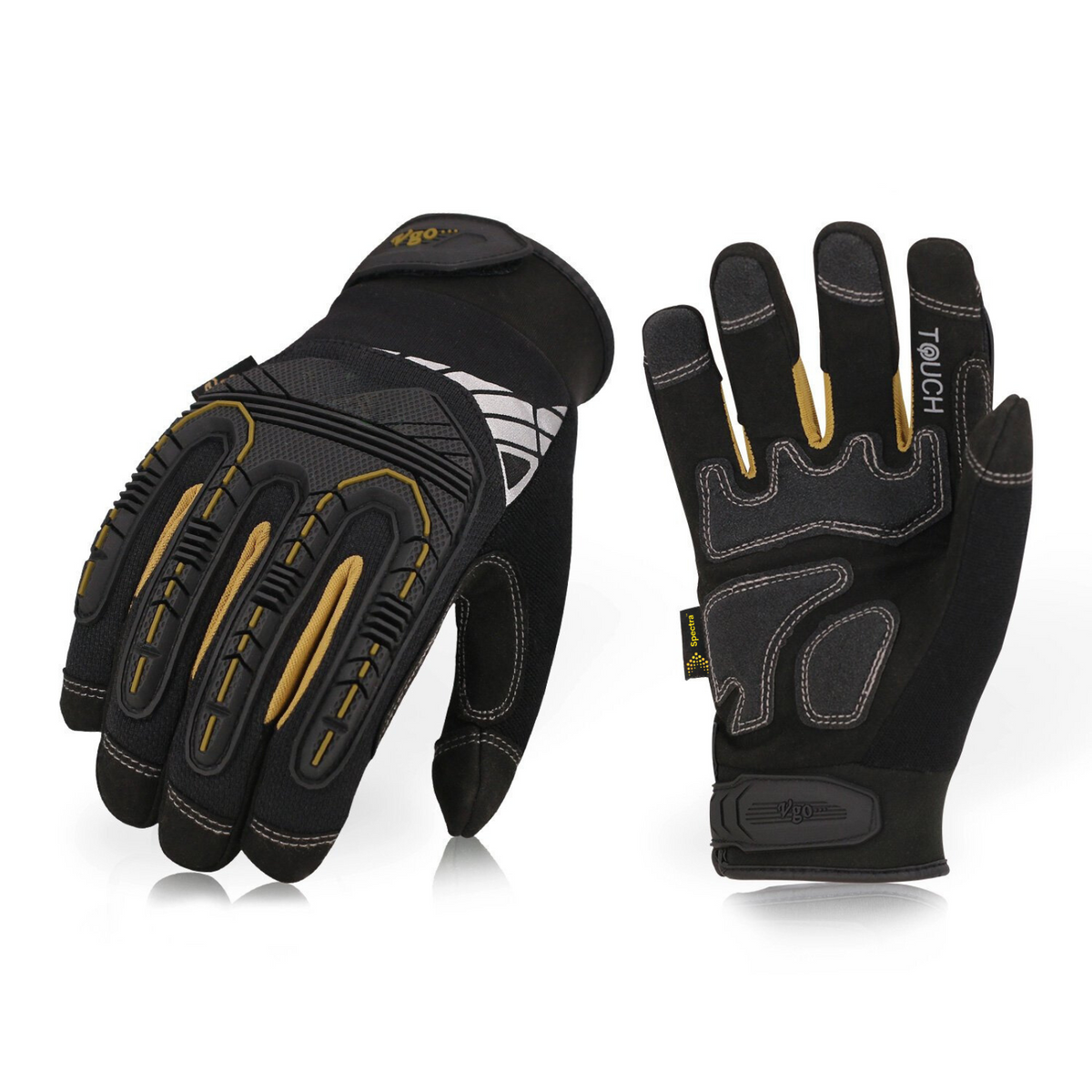Spectra Supply Over Armour work gloves — palm and back views, black with gold accents