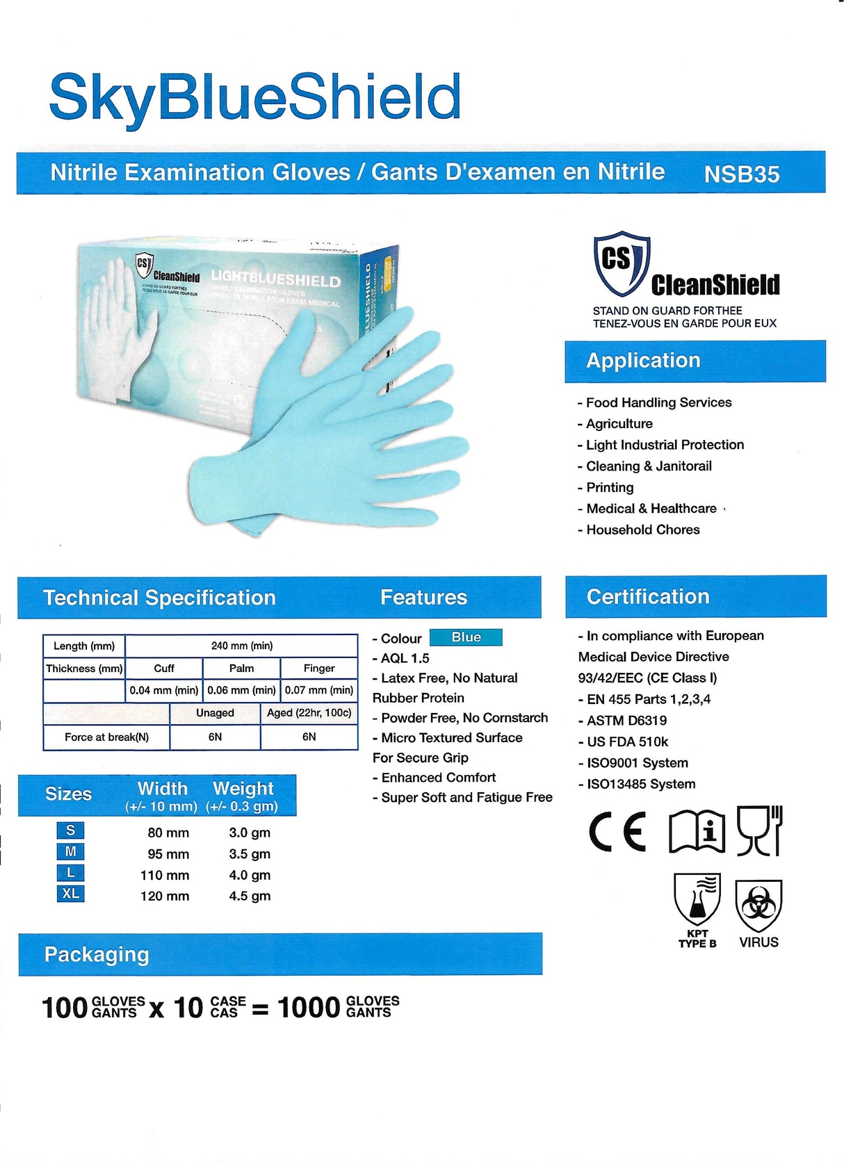 LightBlue Shield Nitrile Examination Gloves - Style NSB35 - 3.5 Mil
