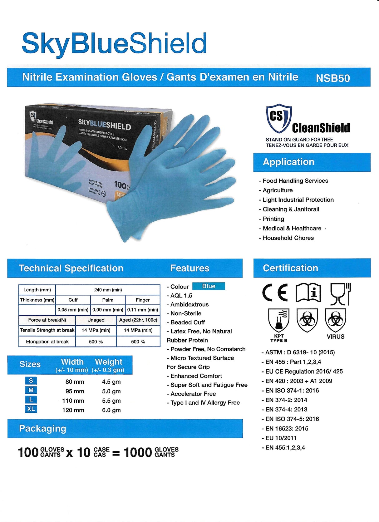 SkyBlue Shield Nitrile Examination Gloves - Style NSB50 - 5 Mil