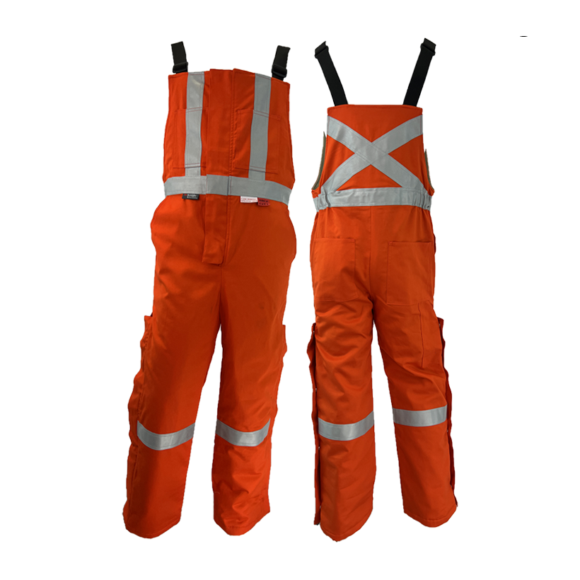 ARC FR winter bib overalls with reflective yellow stripes on the legs, featuring heavy-duty zippers and adjustable straps by Atlas Workwear Style 2192