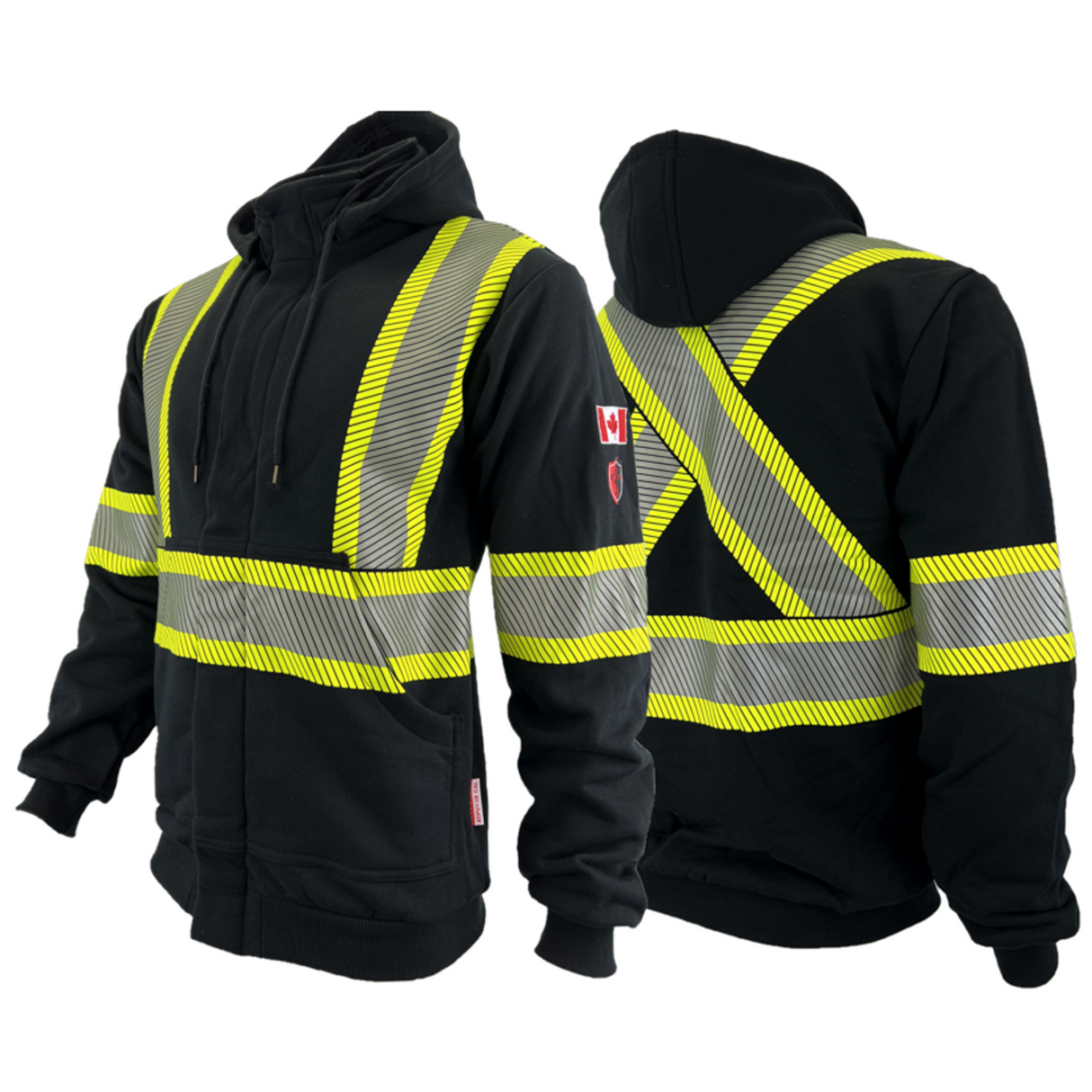 A black hoodie with bright yellow and Silver segmented reflective stripes, a full zipper, and a hood by Atlas Workwear Style 402