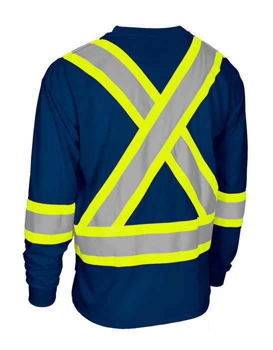 Hi Vis Crew Neck Long Sleeve Safety Tee Shirt with Chest Pocket and Arm Bands by Forcefield