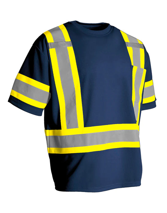 Hi Vis Crew Neck Short Sleeve Safety Tee Shirt with Chest Pocket and Arm Bands by Forcefield