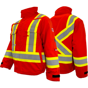 Atlas Orange ARC FR bomber jacket with yellow reflective stripes, designed for safety and meets multiple safety standards.