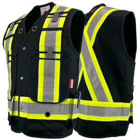 High visibility safety vests with reflective yellow stripes, multiple pockets, and clips, designed for FR/AR protection.