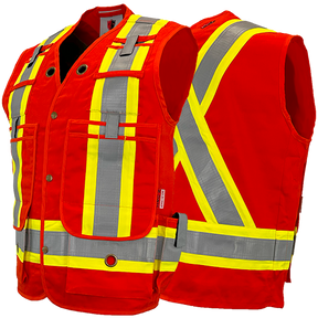 High visibility safety vests with reflective yellow stripes, multiple pockets, and clips, designed for FR/AR protection.