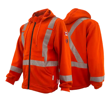 An orange high visibility 3-in-1 parka with silver reflective striping, including a fleece hoodie and shell jacket layers, unzipped and displayed from multiple angles.