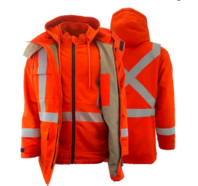 An orange high visibility 3-in-1 parka with silver reflective striping, including a fleece hoodie and shell jacket layers, unzipped and displayed from multiple angles.
