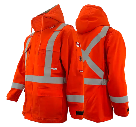 An orange high visibility 3-in-1 parka with silver reflective striping, including a fleece hoodie and shell jacket layers, unzipped and displayed from multiple angles.