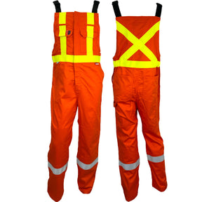 Orange high-visibility summer bib overalls with reflective stripes, brass leg zippers, and multiple pockets by Atlas Workwear.