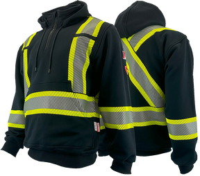 A black-colored hoodie with bright yellow 4-inch segmented reflective stripes, designed for arc flash protection.