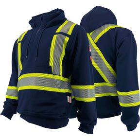 A navy-colored hoodie with bright yellow 4-inch segmented reflective stripes, designed for arc flash protection.