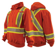 An orange navy-colored hoodie with bright yellow 4-inch segmented reflective stripes, designed for arc flash protection.
