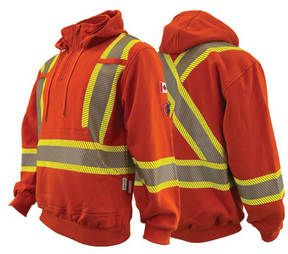 An orange navy-colored hoodie with bright yellow 4-inch segmented reflective stripes, designed for arc flash protection.
