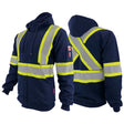 A navy blue hoodie with bright yellow and Silver segmented reflective stripes, a full zipper, and a hood by Atlas Workwear Style 402