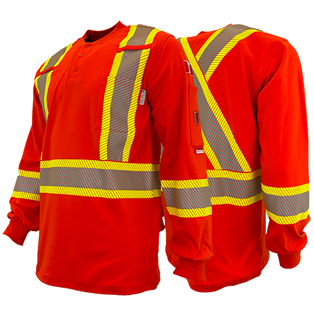Orange FR / Arc Flash Long Sleeve Henley Shirts w/4"Segmented Striping by Atlas Workwear - Style 4034OR
