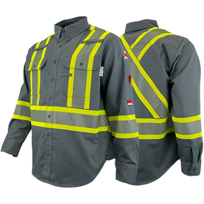 Grey work shirt with 4-inch yellow segmented reflective striping, button-up collar, and chest pockets.