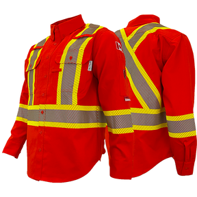 Safety orange work shirt with bright yellow segmented striping for high visibility.