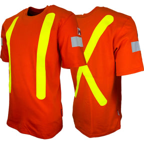 An orange high-visibility t-shirts with OHSA Style striping and retroreflective tape on the arms by Atlas Workwear.