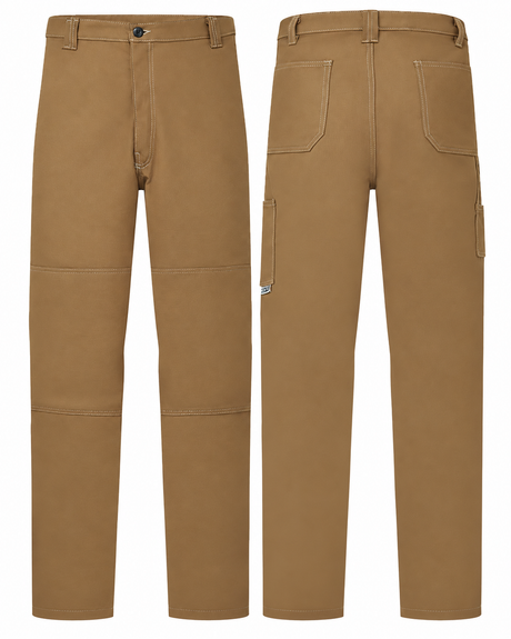 Avenger 12 oz brown duck FR work pants by IFR Workwear, front and back views