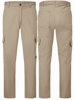 Avenger 7 oz Khaki FR cargo pants by IFR Workwear, front and back
