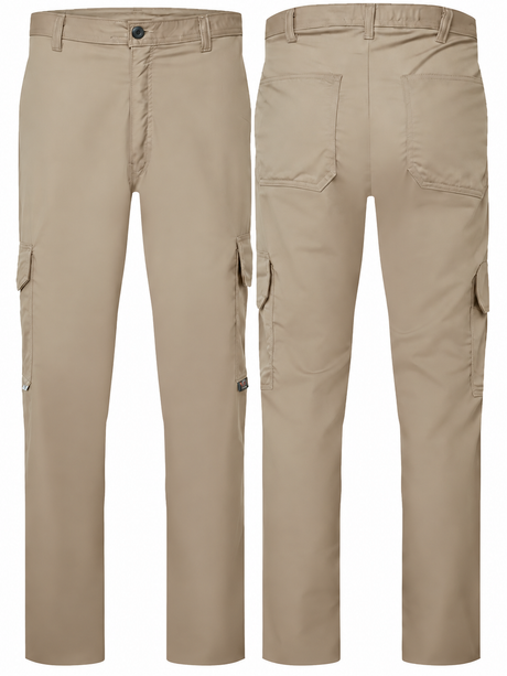 Avenger 7 oz Khaki FR cargo pants by IFR Workwear, front and back