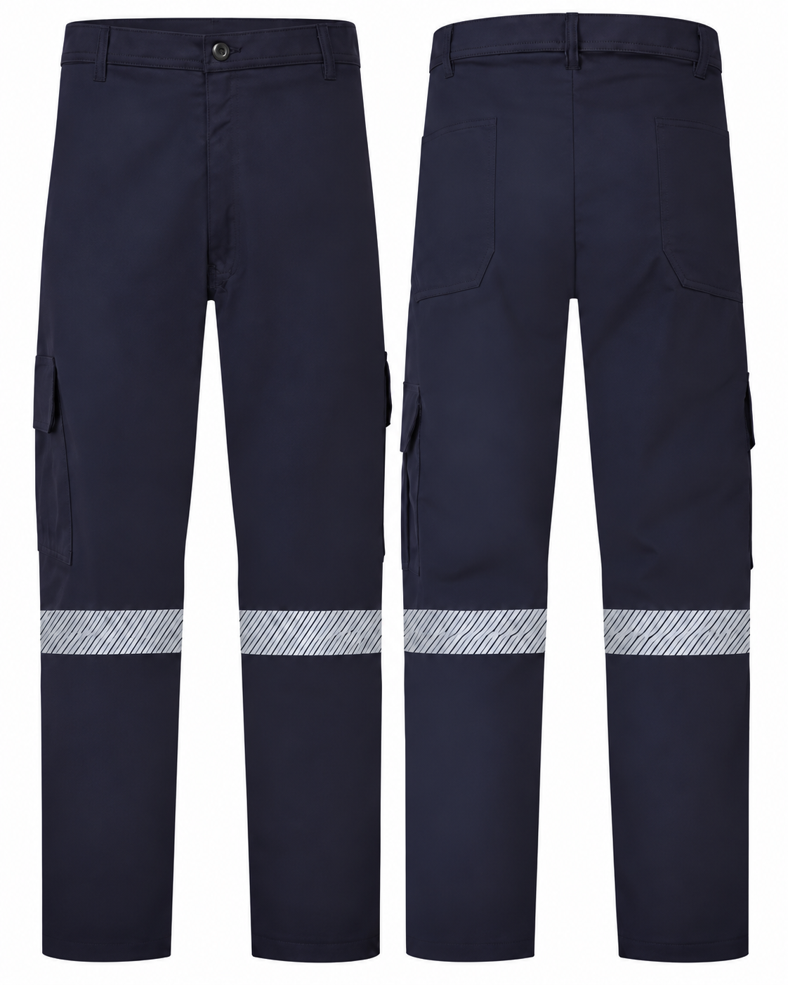 Navy cargo pants with heat-transfer 2-inch silver striping, front and back