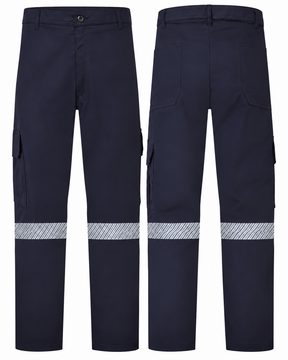 Navy cargo pants with heat-transfer 2-inch silver striping, front and back