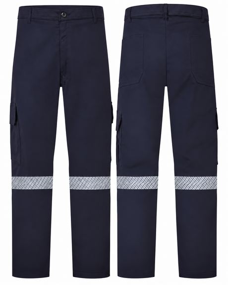 Navy cargo pants with heat-transfer 2-inch silver striping, front and back