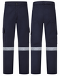 Navy cargo pants with heat-transfer 2-inch silver striping, front and back
