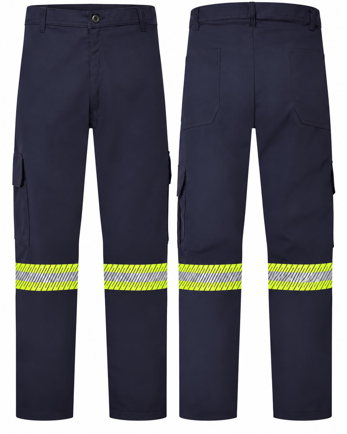 Navy cargo pants with heat-transfer 2-inch yellow/silver/yellow striping, front and back