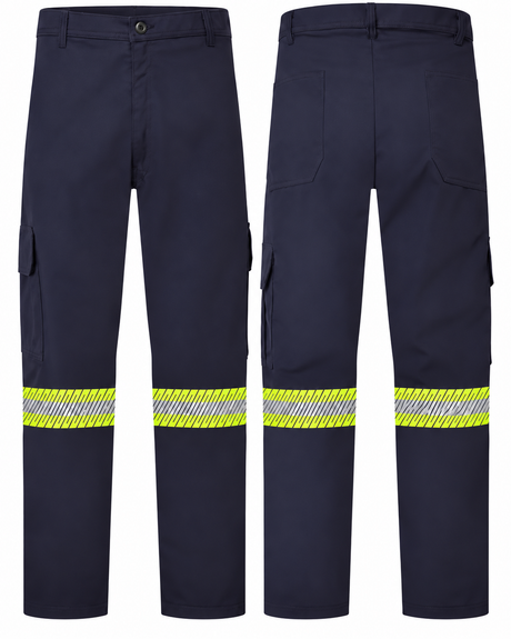 Navy cargo pants with heat-transfer 2-inch yellow/silver/yellow striping, front and back