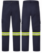 Navy cargo pants with heat-transfer 2-inch yellow/silver/yellow striping, front and back