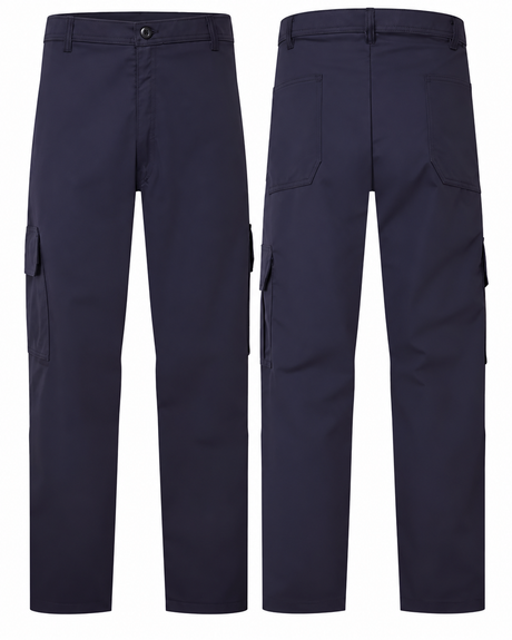 Plain navy cargo pants, front and back