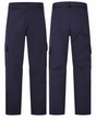 Plain navy cargo pants, front and back