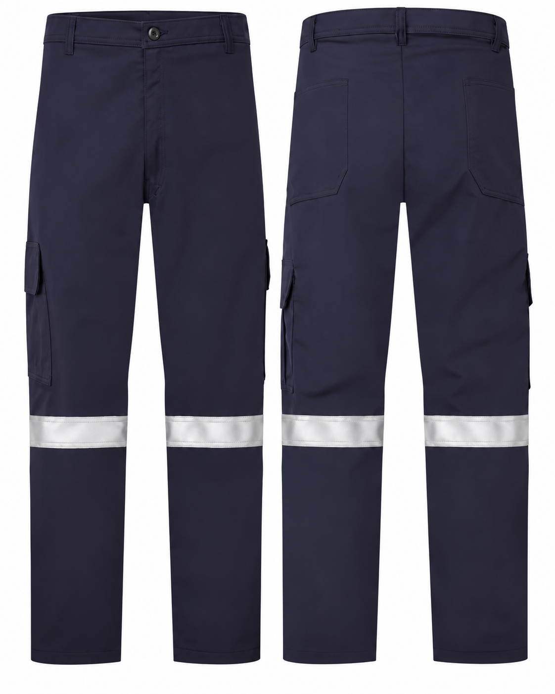 Navy cargo pants with sewn-on 2-inch silver striping, front and back