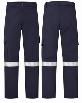 Navy cargo pants with sewn-on 2-inch silver striping, front and back