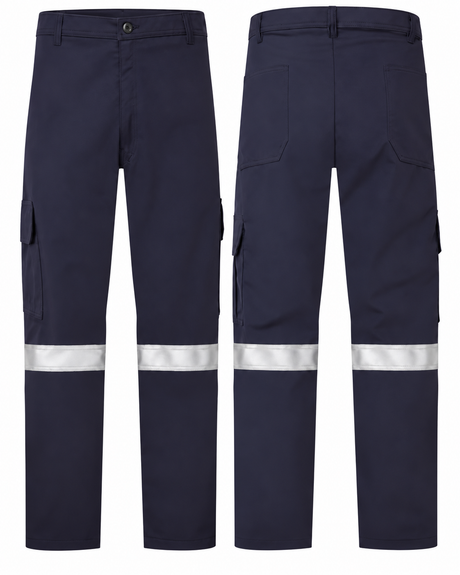 Navy cargo pants with sewn-on 2-inch silver striping, front and back