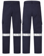 Navy cargo pants with sewn-on 2-inch silver striping, front and back