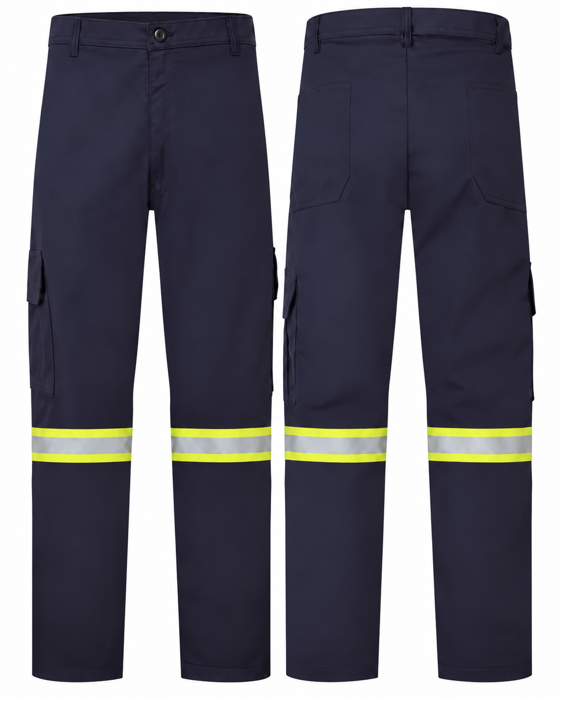 Navy cargo pants with sewn-on 2-inch yellow/silver/yellow striping, front and back