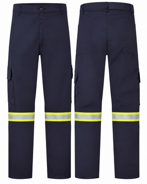 Navy cargo pants with sewn-on 2-inch yellow/silver/yellow striping, front and back