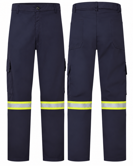 Navy cargo pants with sewn-on 2-inch yellow/silver/yellow striping, front and back