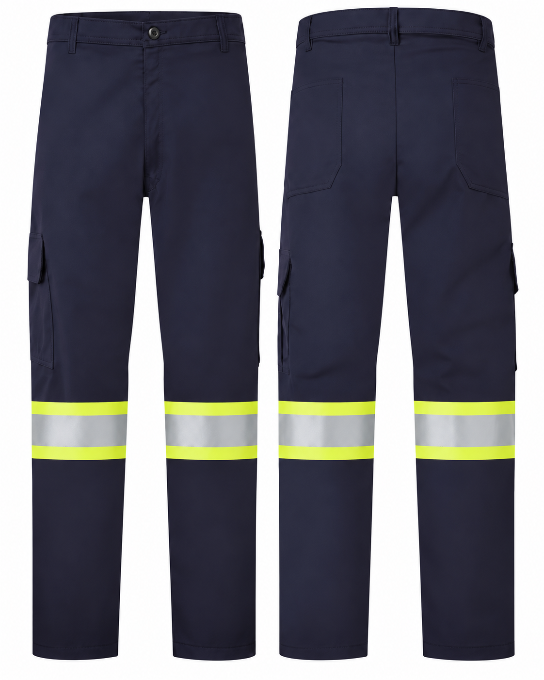 Navy cargo pants with sewn-on 4-inch yellow/silver/yellow striping, front and back