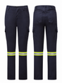 Women’s Avenger 7 oz navy FR cargo pants by IFR Workwear, Style 671, Heat-transfer 2" Y/S/Y, front and back views